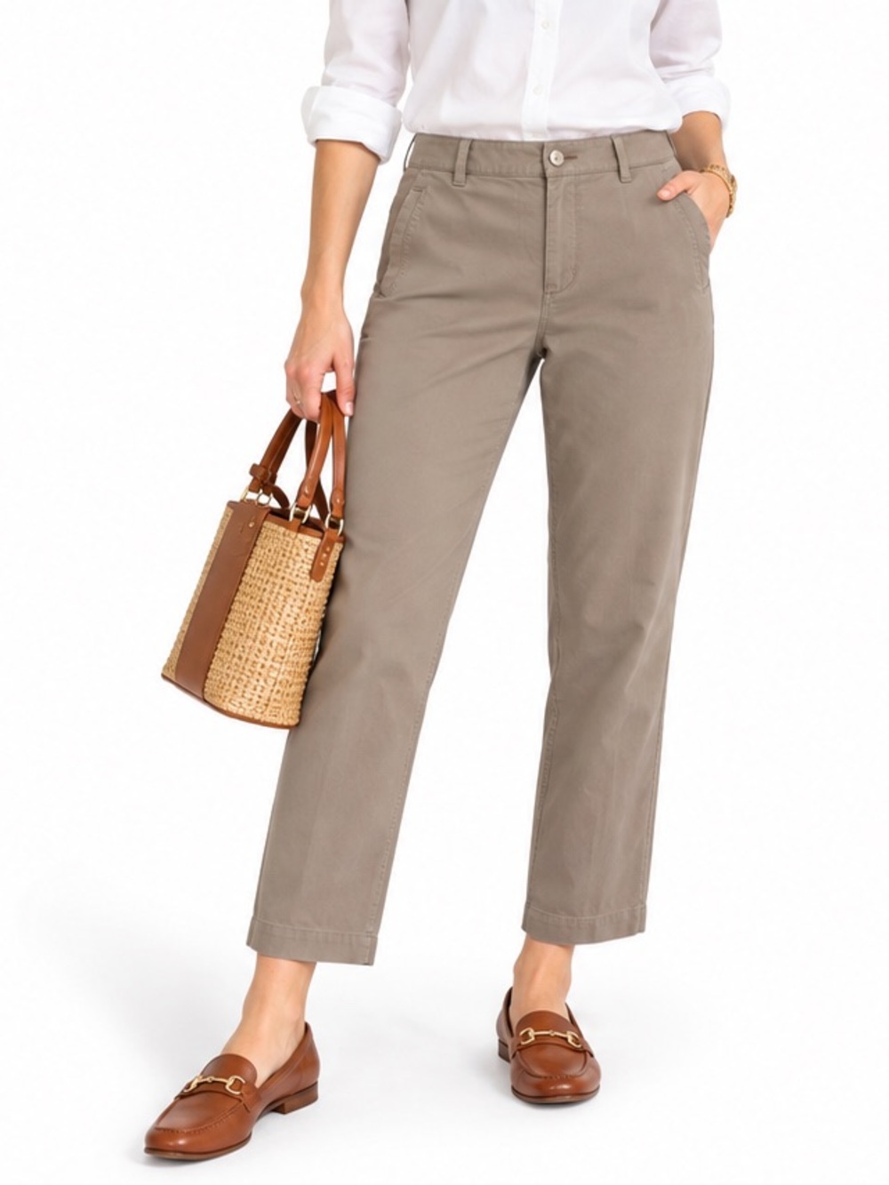 Eileen Fisher Taupe Organic Cotton Ankle Pants Stretch Straight Leg Minimalist L